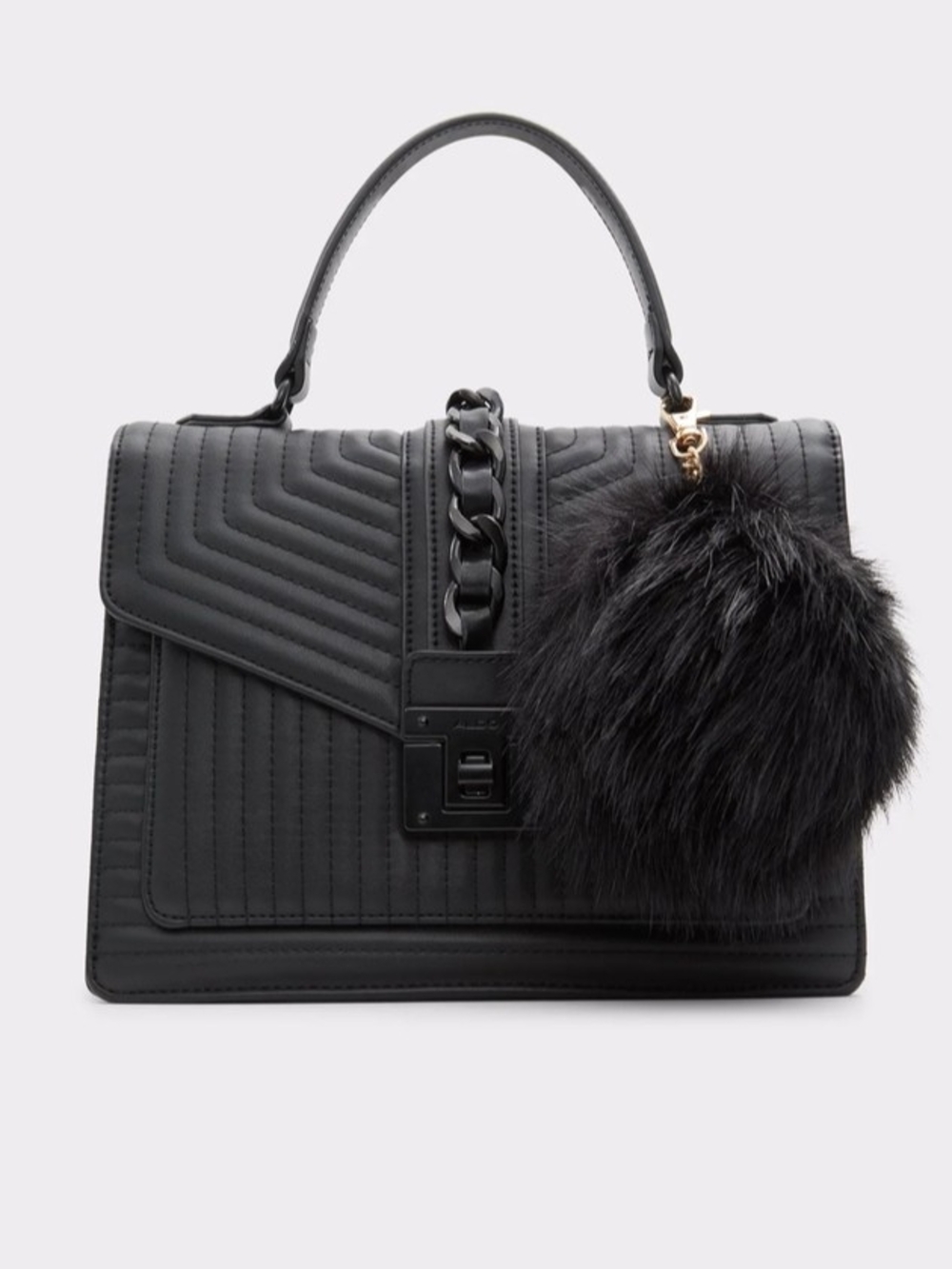 Aldo Black Quilted Top-Handle Satchel with Fur Pom Charm